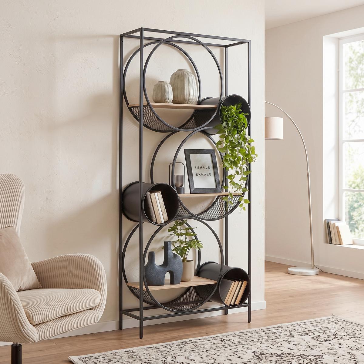 Regál CIRCLE čierna/prírodná - čierna/prírodná farba, Modern, kov/kompozitné drevo (84/186/30cm) - Premium Living