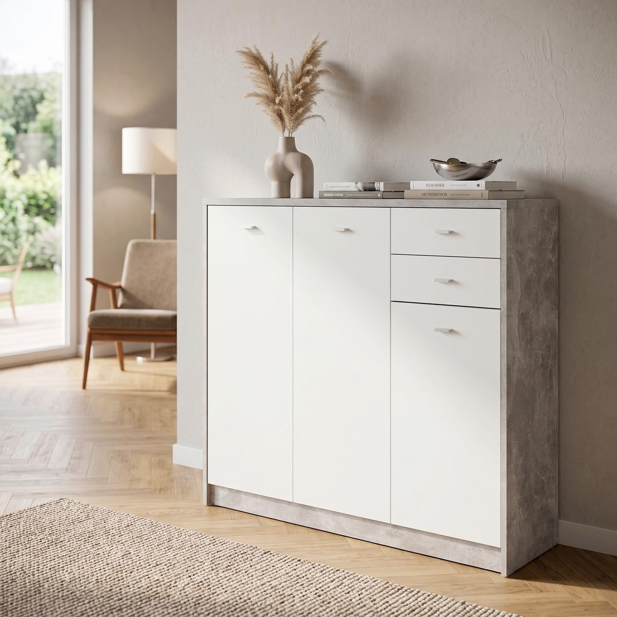 Kommode B 109,1 cm 4-You New, Beton Optik/Weiß - Schwarz/Weiß, MODERN, Holzwerkstoff (109,1/111,4/34,6cm)