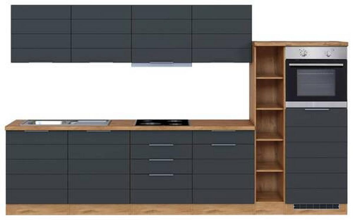 Küchenzeile Florenz mit Geräten 330 cm Grau/Eichefarben - Eiche Wotan/Grau, Design, Holzwerkstoff (330cm) - Held
