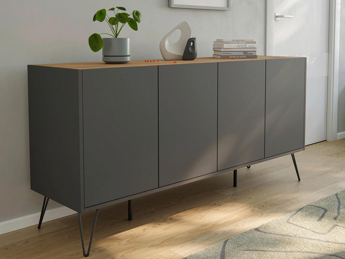 Sideboard Posseik Industrial Graphitfarben/Eiche B: 155 cm - Eichefarben/Schwarz, Design, Holzwerkstoff (155/75,8/42cm) - P & B