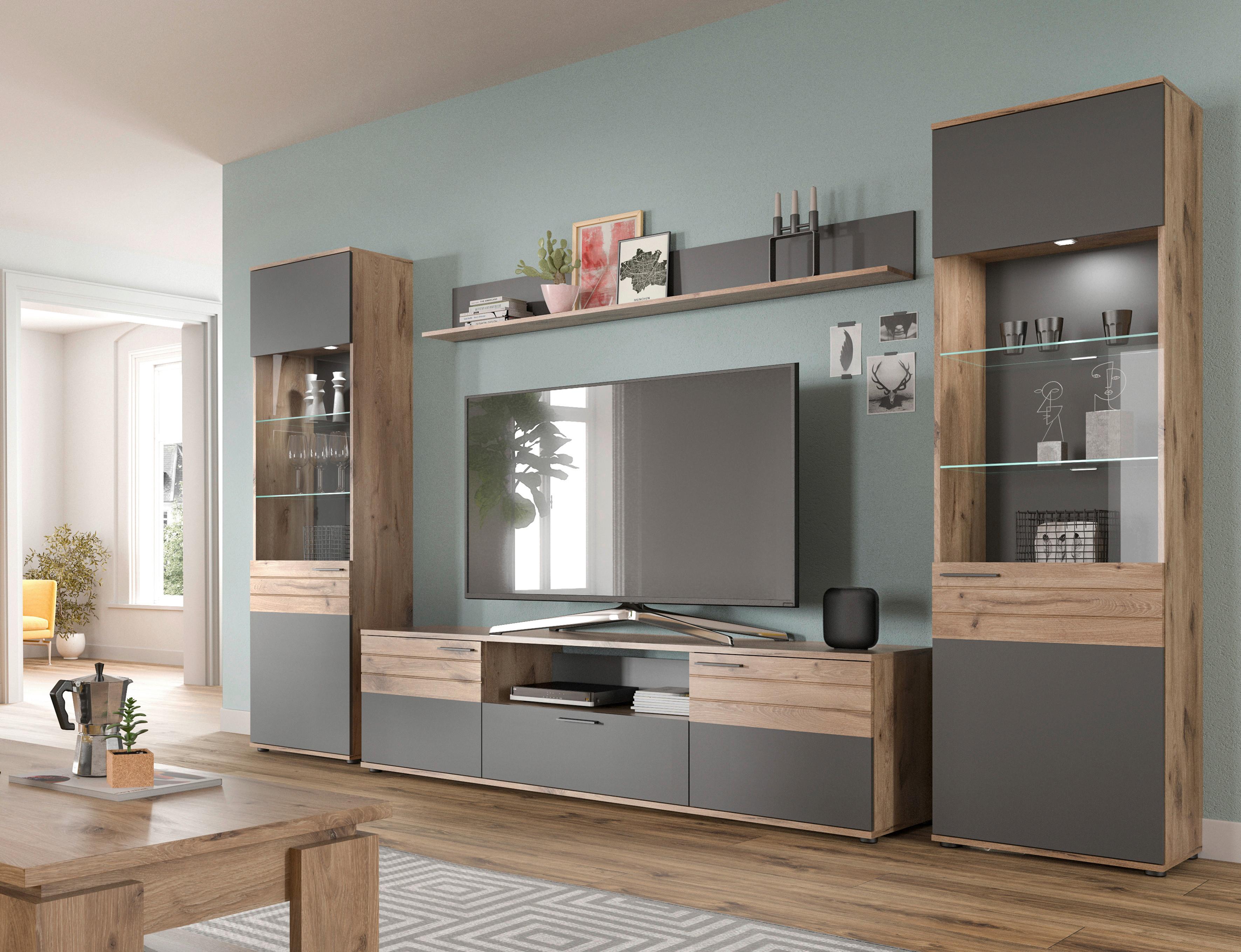 Wohnwand Basalt Grau Nachbildung,324 cm - Glas/Holzwerkstoff (324/200/47cm) - MID.YOU