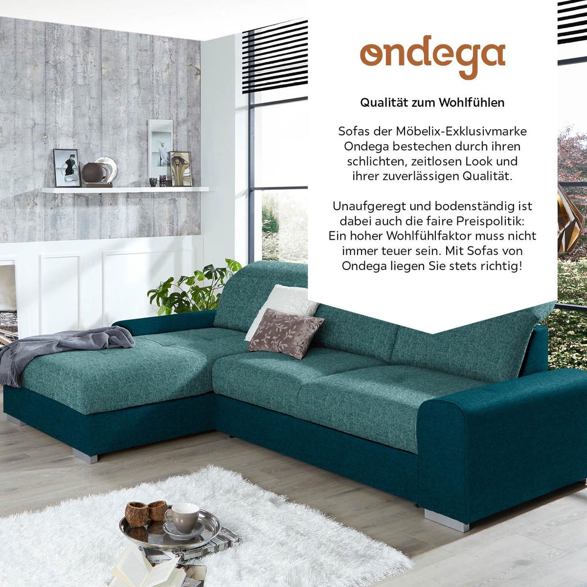 Ecksofa mit Schlaffunktion + Bettkasten Malaga, Webstoff - Türkis/Blau, KONVENTIONELL, Textil (203/286cm) - Ondega
