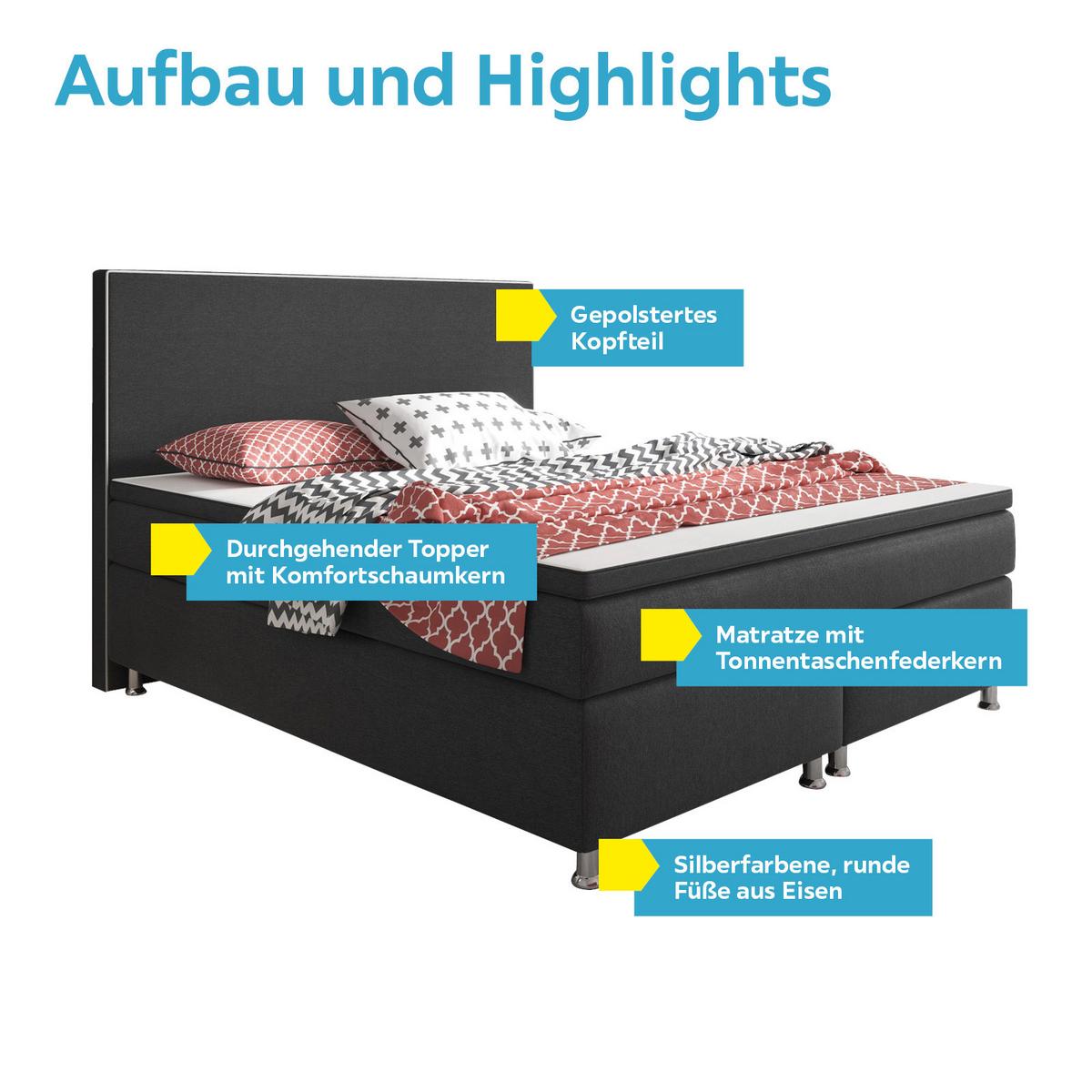 Boxspringbett mit Topper 180x200 cm King Size - Anthrazit/Silberfarben, KONVENTIONELL, Textil (180/115/210cm) - MID.YOU