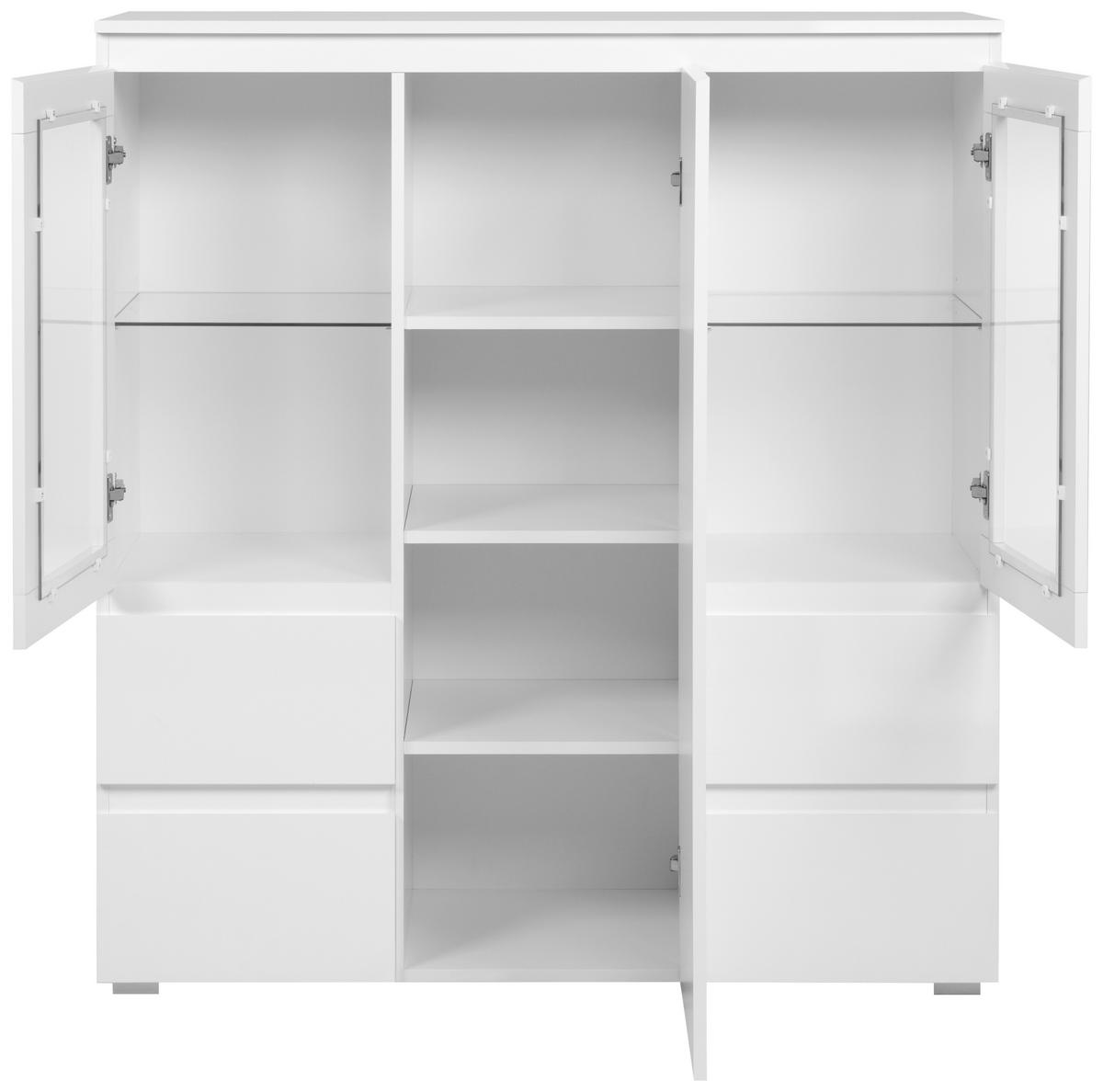 Highboard Capetown Weiß HG B: 116 cm - Weiß Hochglanz/Silberfarben, Trend, Glas/Holzwerkstoff (116/126/40cm)