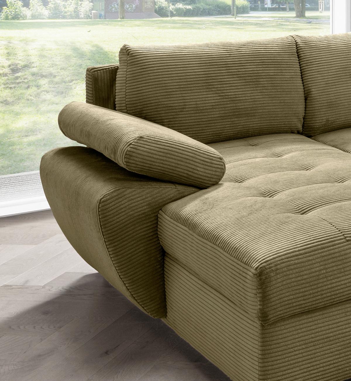 Wohnlandschaft Terana mit Schlaffunktion, Olivgrün - Chromfarben/Olivgrün, KONVENTIONELL, Textil (157/305/219cm) - Livetastic