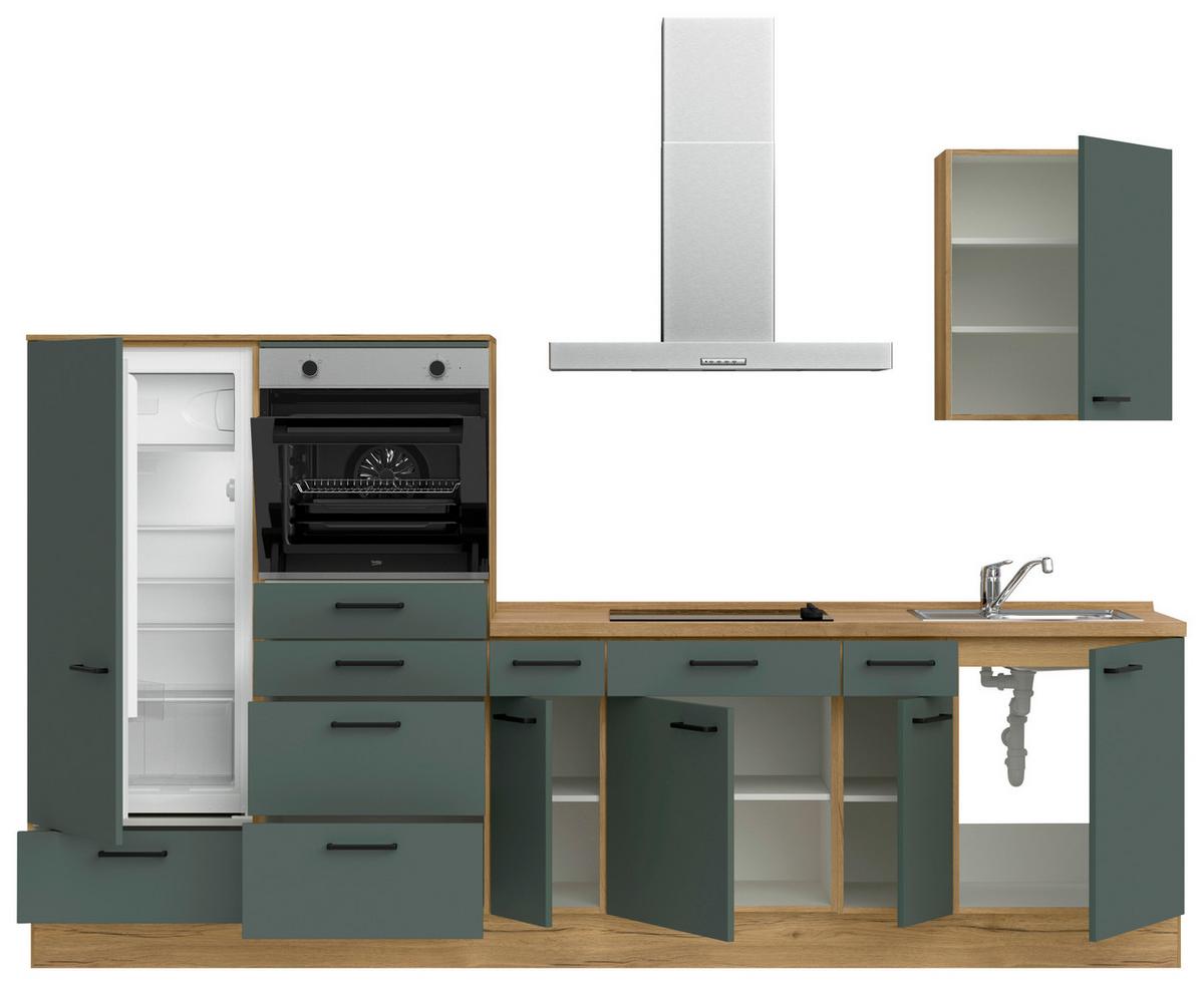 Kuchyňská linka 300 cm, minerální zelená,ultra matná - barvy dubu/černá, Moderní, kov/kompozitní dřevo (300cm) - Nobilia