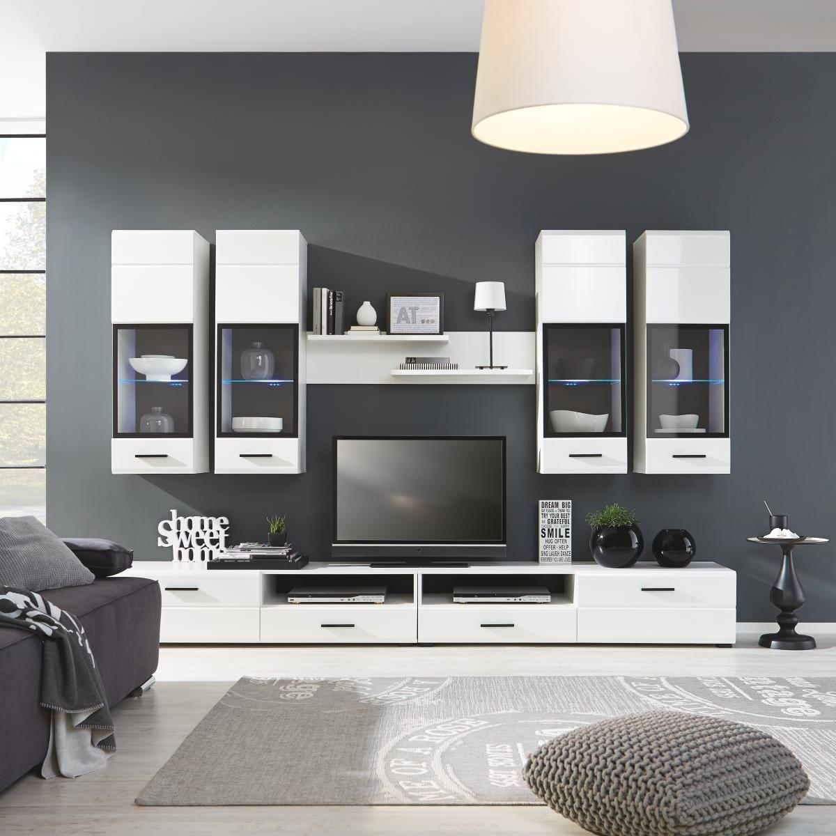 Wohnwand 7 Tlg. Mit Led Attac, Weiß - Schwarz/Weiß, MODERN, Glas/Holz (280/190/45cm) - MID.YOU