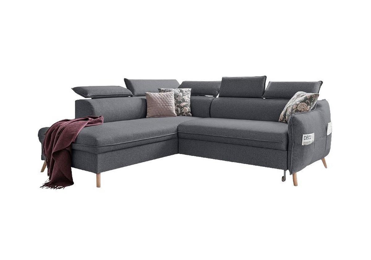 Rozkládací sedačka Simone, levé provedení - šedá/přírodní barvy, Moderní, dřevo/textil (253/82/95/208cm)