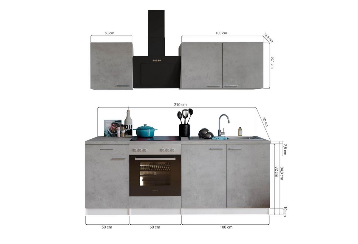 Küchenblock Malia B: 210 cm Grau, mit Geräte - Weiß/Grau, Basics, Holzwerkstoff (210cm) - Respekta