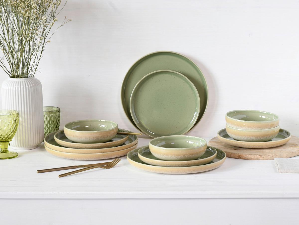 Speisetellerset Romana 12--Teilig. Creme/grün - Creme/Grün, Design, Keramik - Creatable
