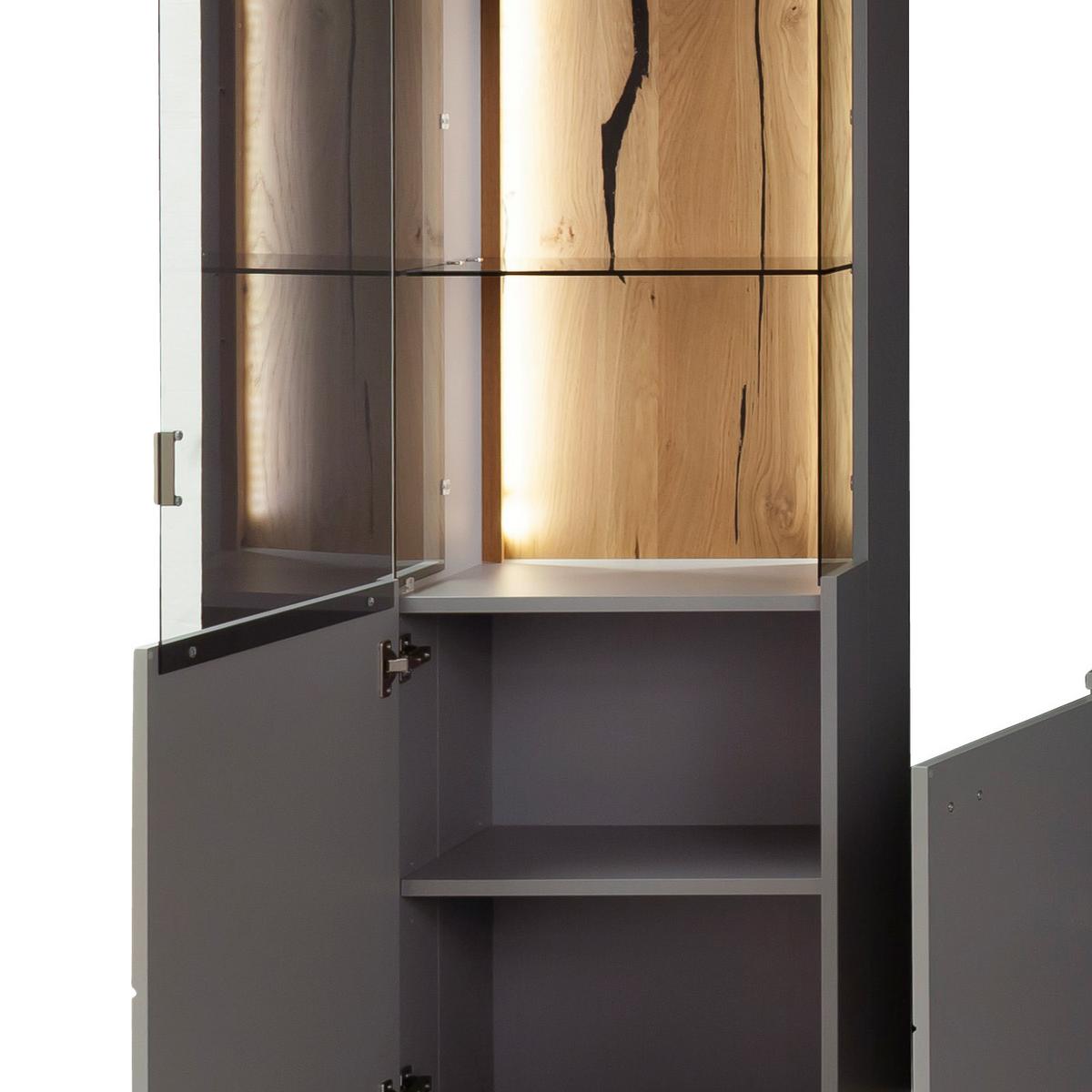 Wohnkombination teilmassiv 3--teilig. Sevilla Grau/Eiche - Eichefarben/Schwarz, Design, Glas/Holzwerkstoff (316/207/50cm) - MID.YOU
