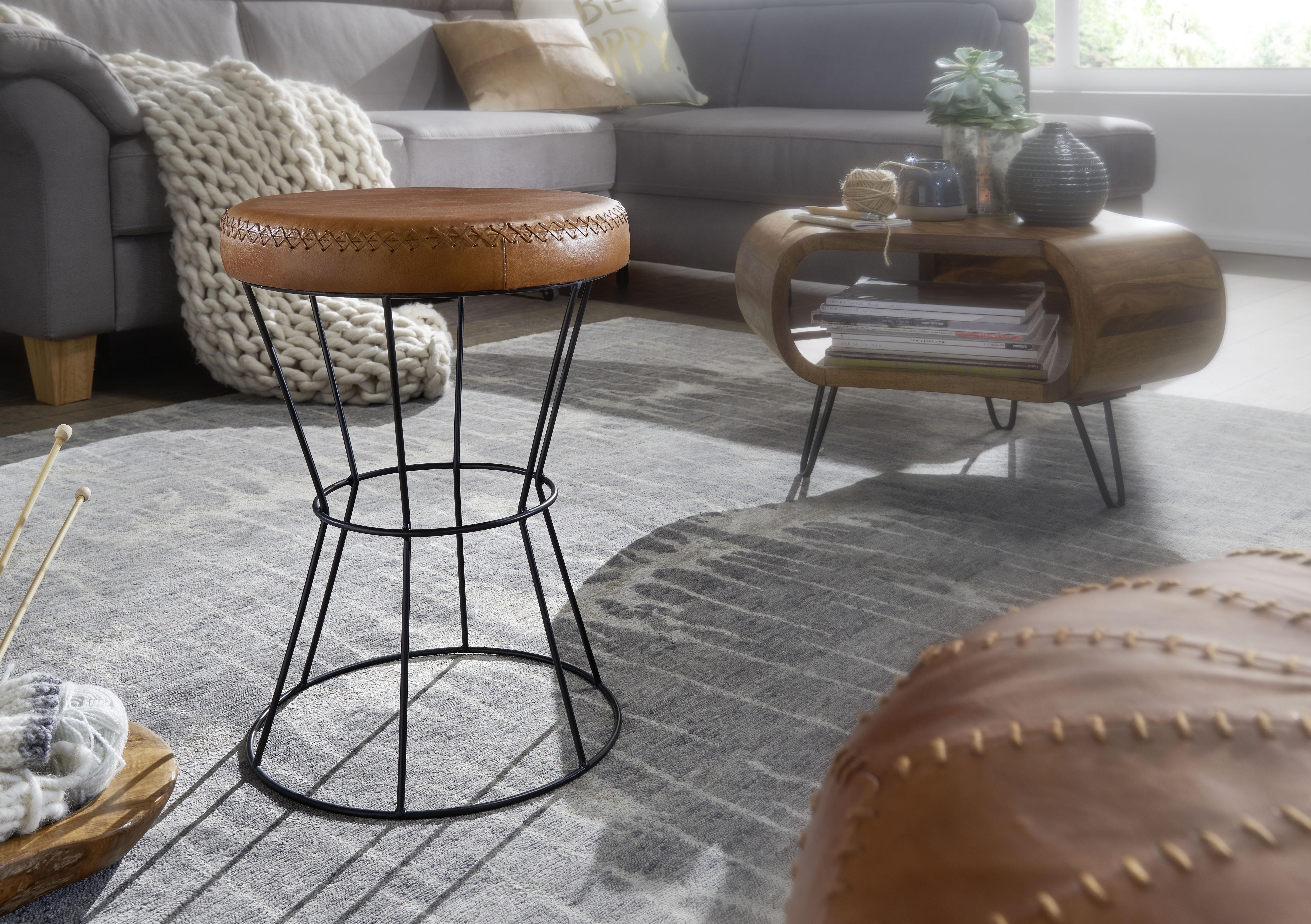 Taburetka Hocker pravá koža - hnedá/čierna, Modern, kov/koža (35/48/35cm) - MID.YOU