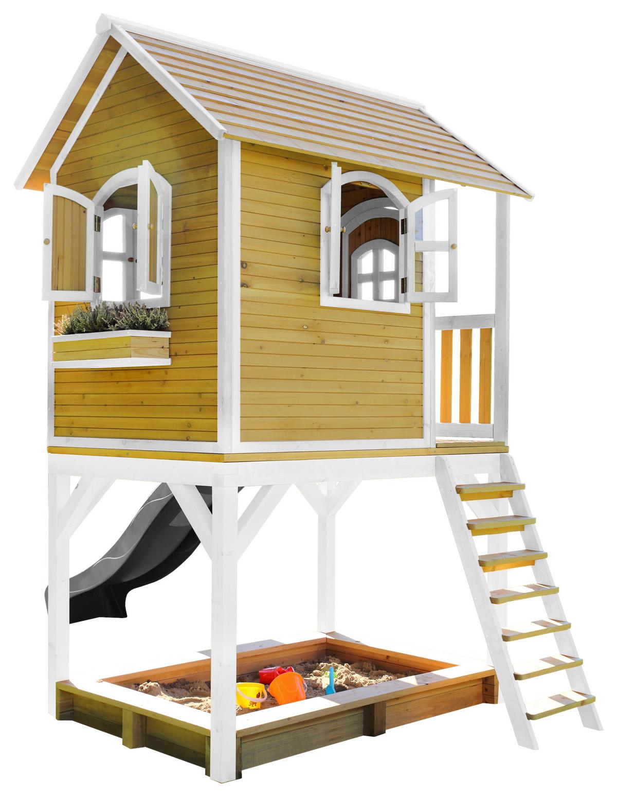 Spielhaus Sarah Braun/grau/weiß B: 370 Cm - Braun/Weiß, KONVENTIONELL, Holz/Kunststoff (370/291/191cm) - Ambia Garden