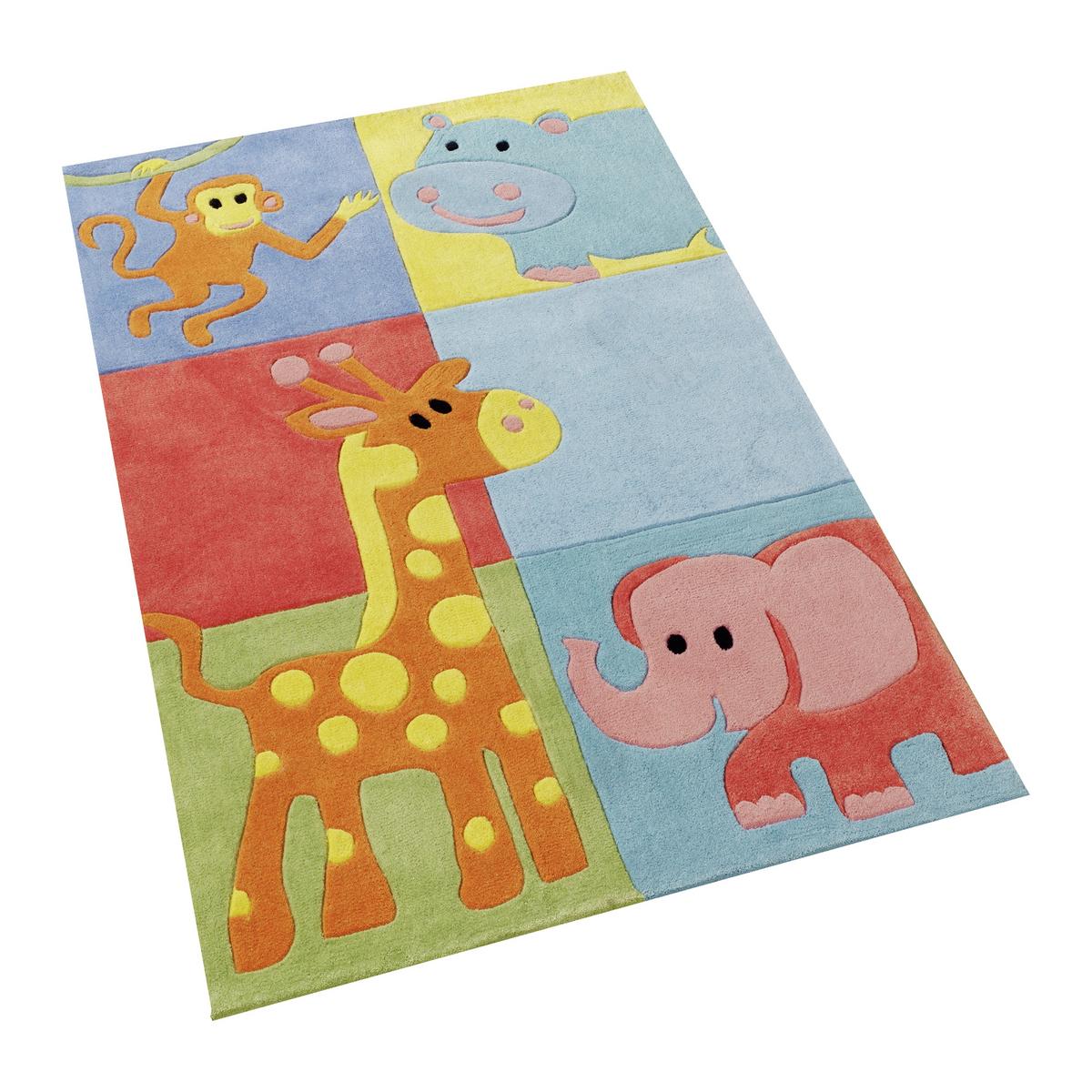 Kindertepppich Tiere/Karo Multicolor 80x150 cm - Blau/Gelb, Trend, Textil (80/150cm)