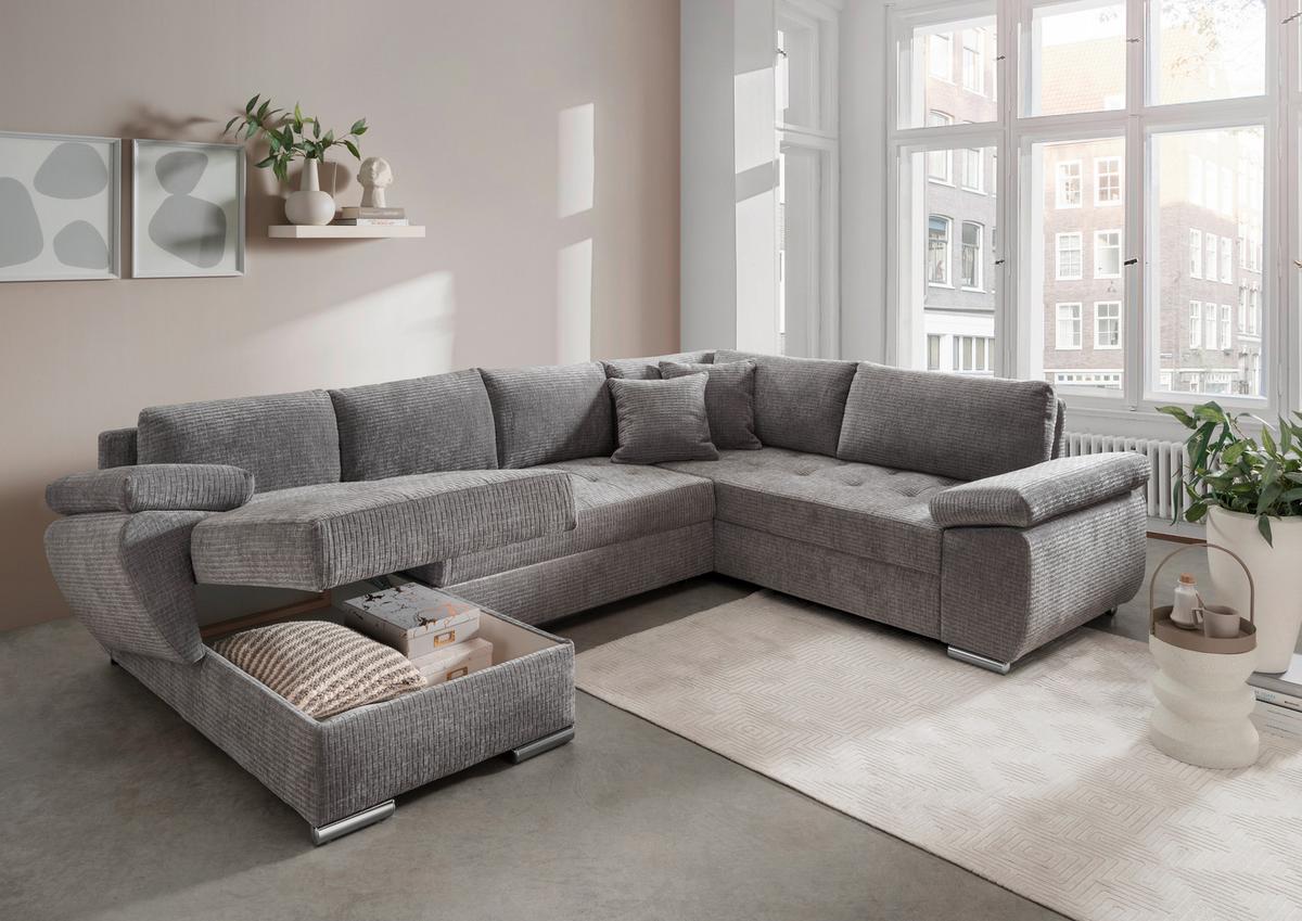 Wohnlandschaft Terana Grau mit Schlaffunktion, Mikrofaser - Chromfarben/Grau, KONVENTIONELL, Textil (157/305/219cm) - Livetastic