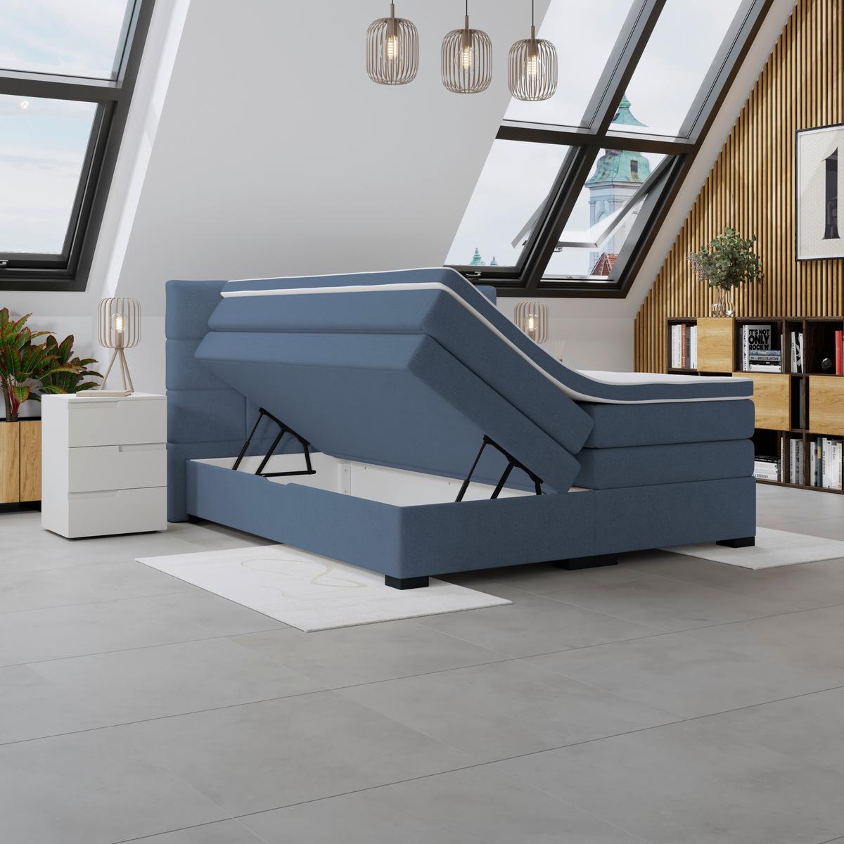 Boxspringbetten mit Topper 200x200 April - Blau/Schwarz, MODERN, Textil (200/200cm)
