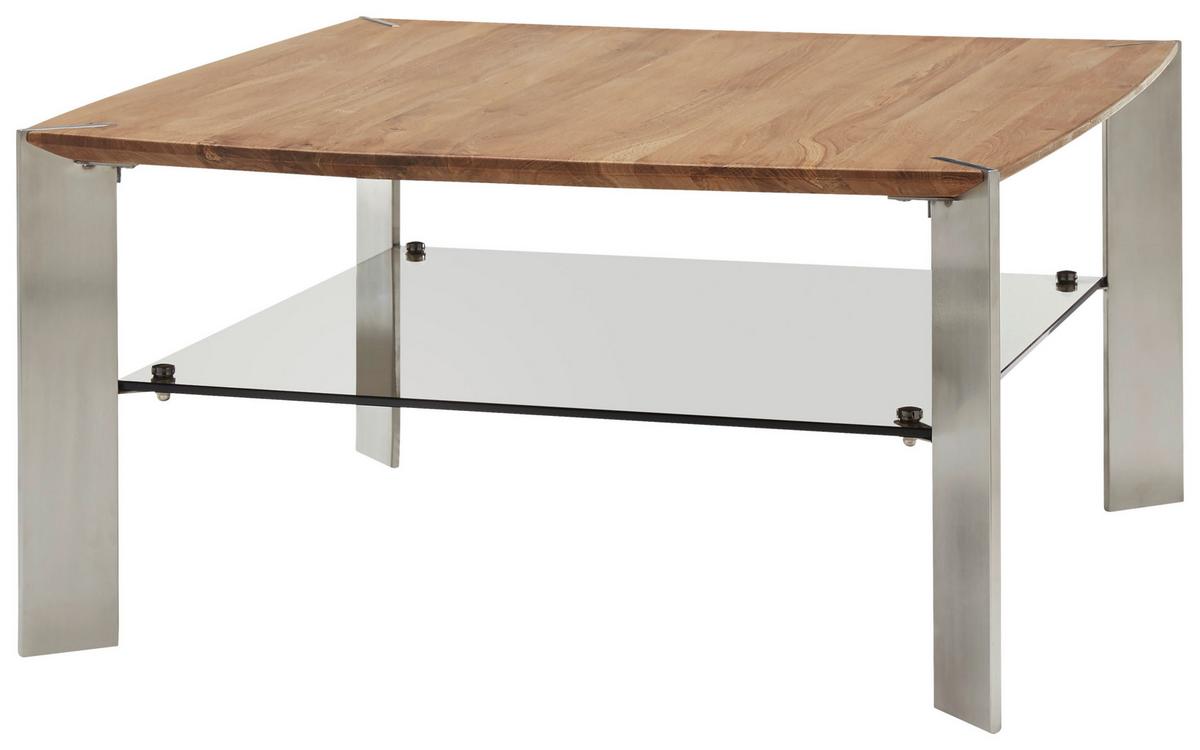 Beistelltisch mit Ablageplatte Nelia, Eiche/Edelstahl - Edelstahlfarben/Eichefarben, MODERN, Glas/Holz (50/41/50cm) - Livetastic