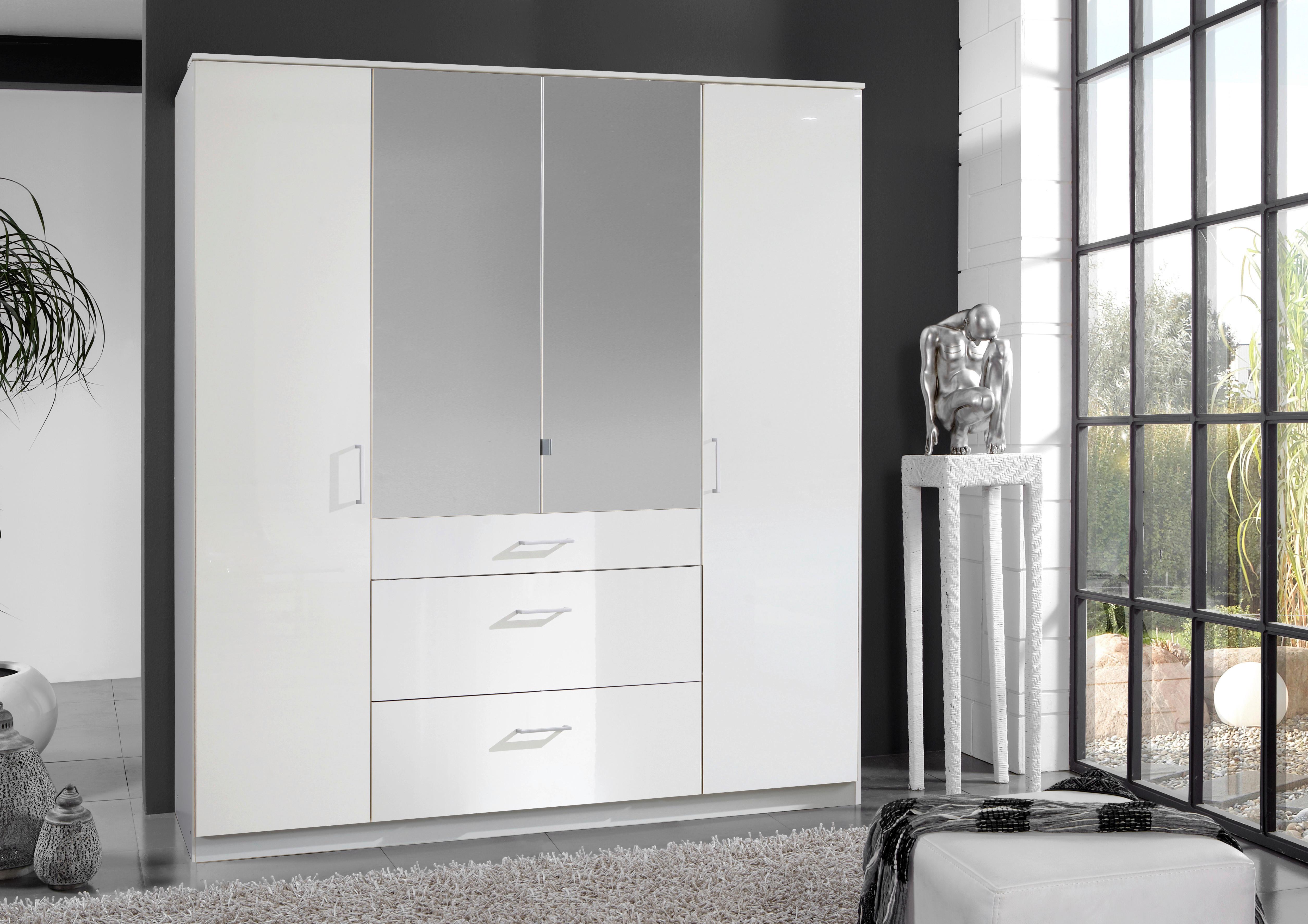 Drehtürenschrank Mit Spiegel + Laden B: 179 Cm Clack, Weiß - Weiß Hochglanz/Silberfarben, Basics, Holzwerkstoff (179/199/58cm) - MID.YOU