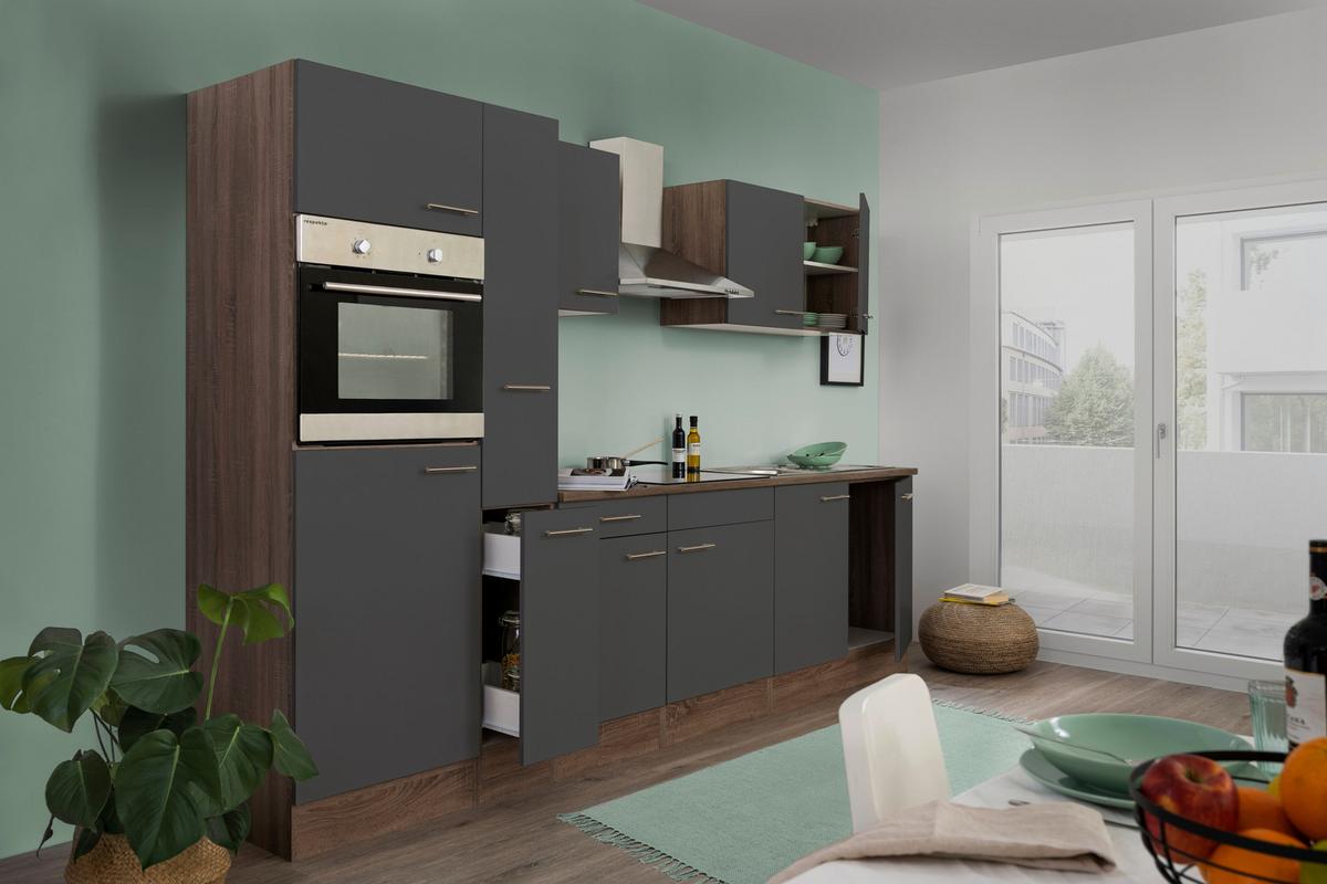 Küchenzeile mit Geräten B: 300 cm Grau/Eiche Dekor - Eichefarben/Weiß, Design, Holzwerkstoff (300cm) - Respekta