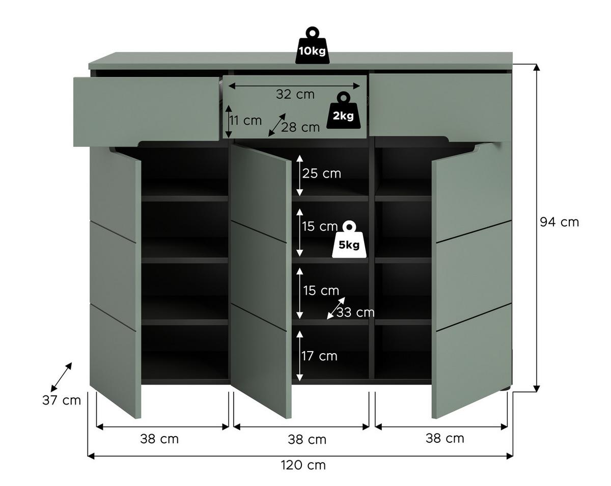 Schuhschrank Canu Grün/grau B: 120 Cm - Schwarz, Design, Holzwerkstoff (120/94/37cm) - Livetastic