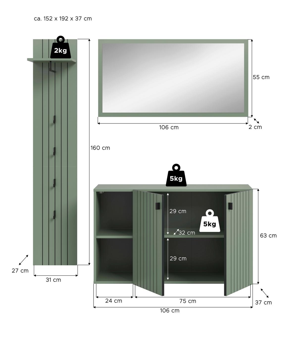 Garderobe Station Graugrün B: 152cm - Graugrün, Design, Holzwerkstoff (152/192/37cm) - MID.YOU
