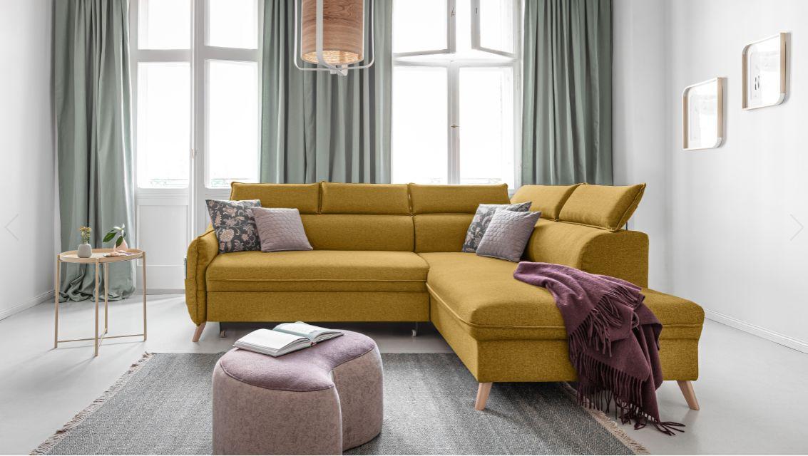 Rozkladacia sedačka Simone, pravé prevedenie - horčicovožltá/prírodná farba, Modern, drevo/textil (253/82/95/208cm)