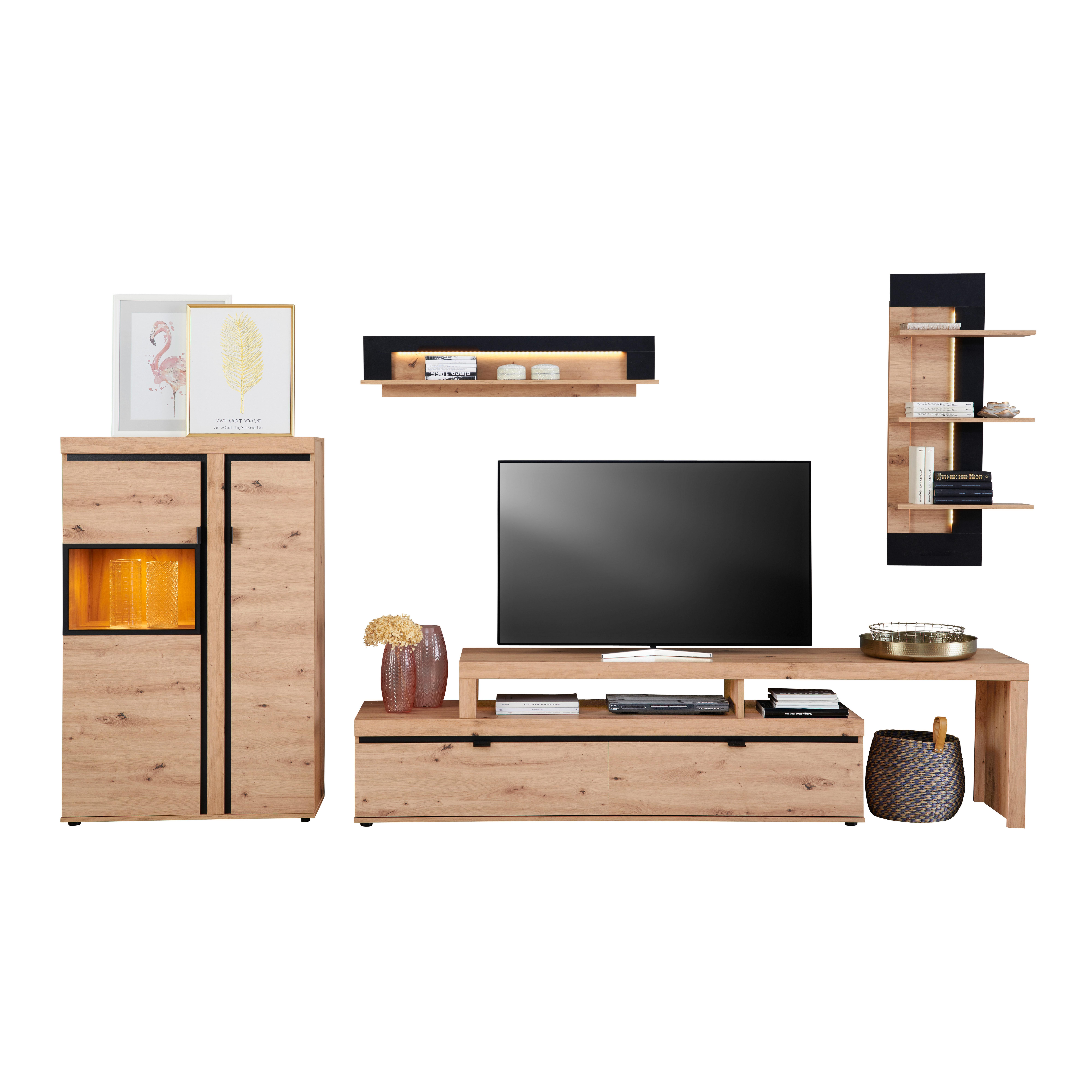 Wohnkombination 4--Teilig. mit LED Nyon, Eiche Dekor/Schwarz