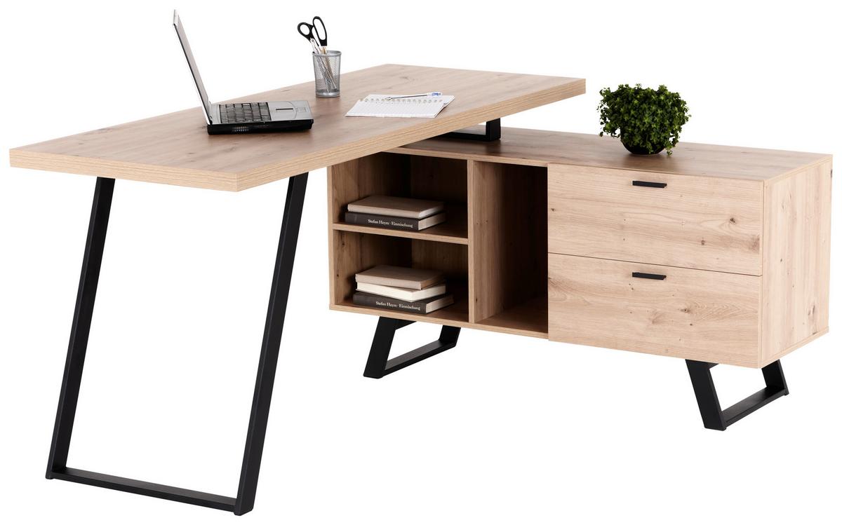 Eckschreibtisch mit Stauraum B 150cm H 75cm Corinna, Eiche - Eichefarben/Schwarz, MODERN, Holzwerkstoff/Metall (150/60/75cm) - MID.YOU