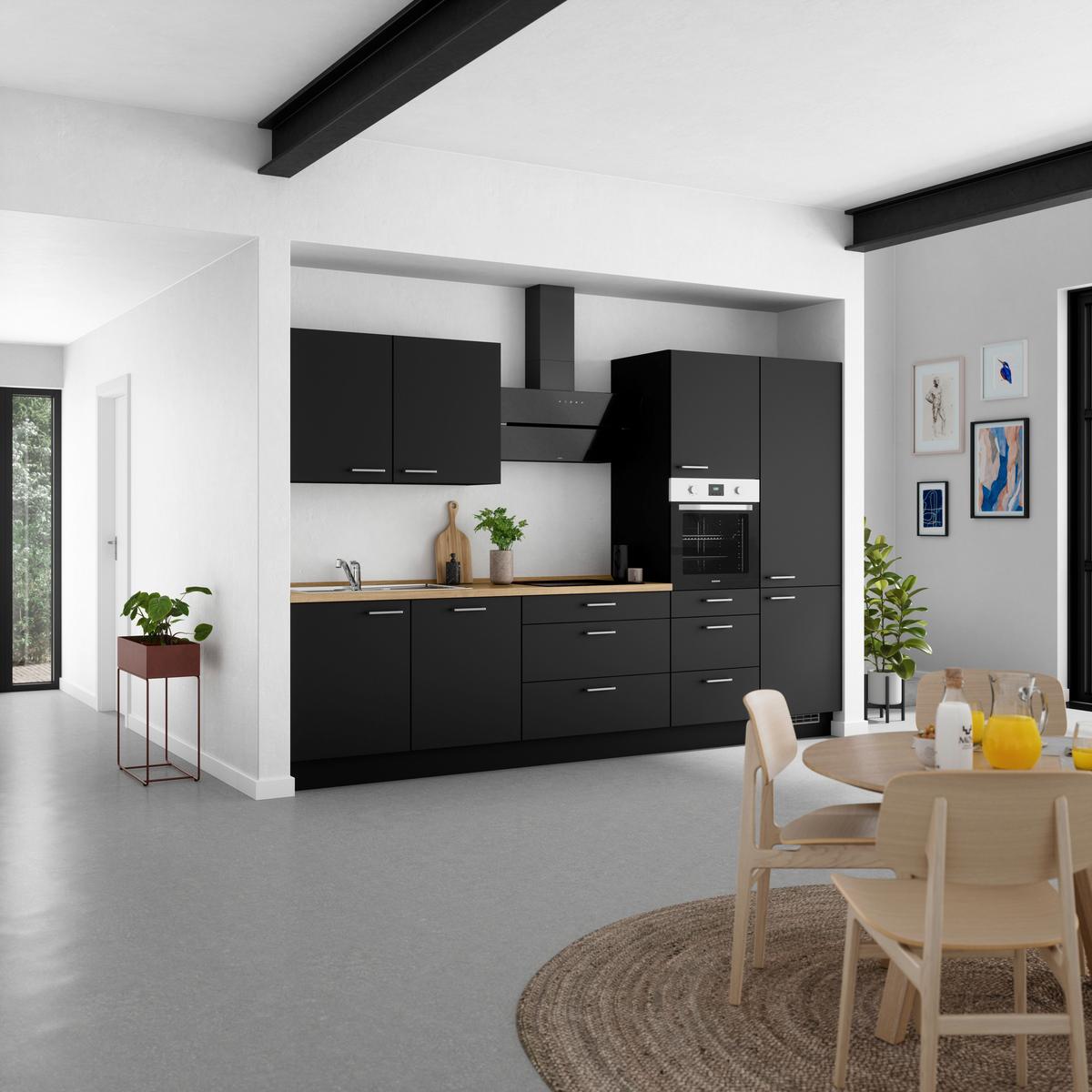 Kuchyňská linka 330 cm, černá matná/ barva dub - černá/barvy dubu, Moderní, kov/kompozitní dřevo (330cm) - Nobilia
