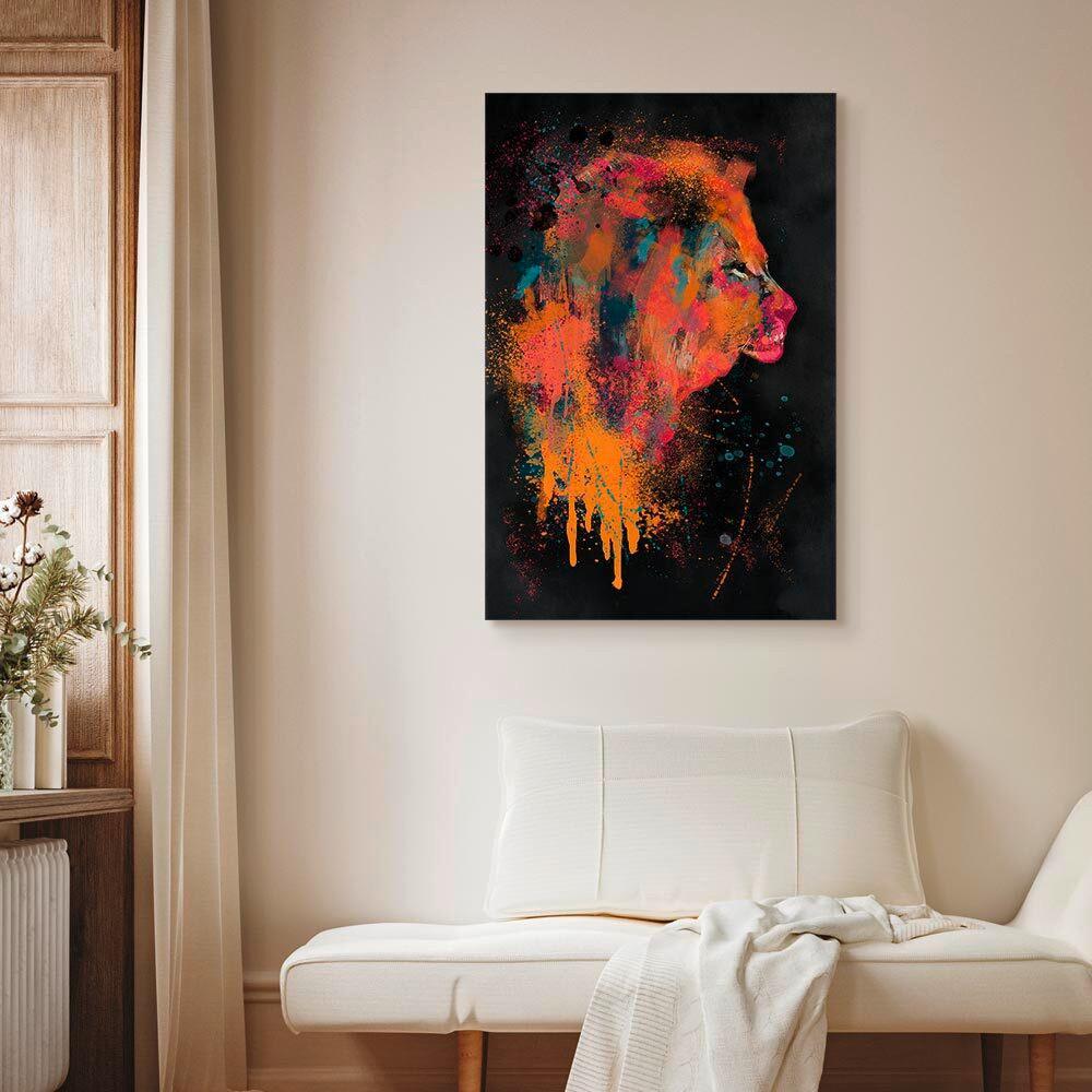 Leinwandbild Lion B: 80 cm Orange Schwarz Pink Blau - Pink/Schwarz, Basics, Holz/Textil (80/120/1.2cm) - artgeist