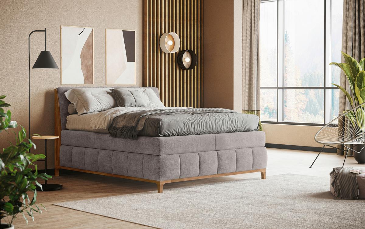 Boxspringbett Moon mit Topper 160x200 cm - Taupe/Eichefarben, MODERN, Holz/Holzwerkstoff (160/200cm) - MID.YOU
