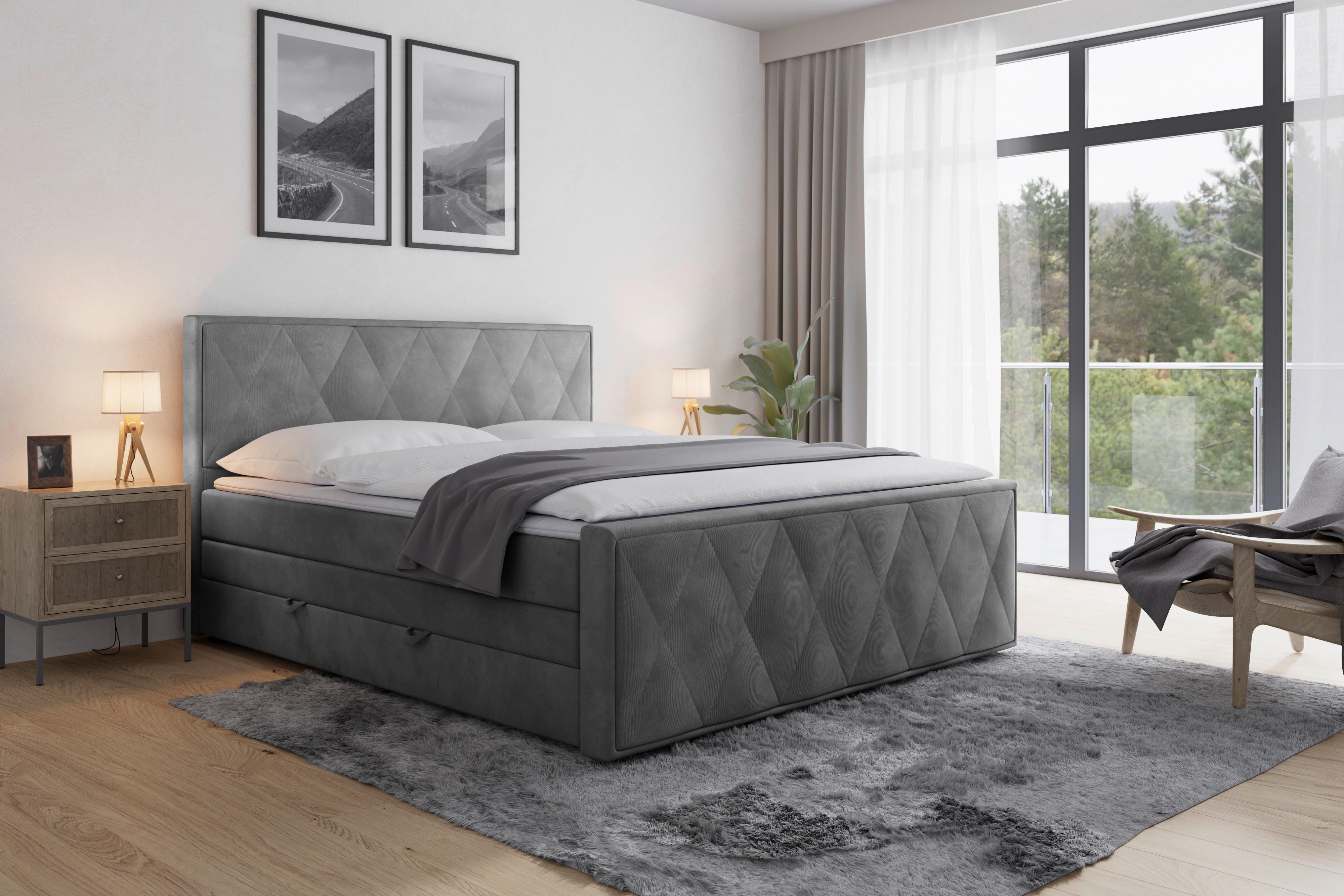 Boxspringbett Mit Topper & Bettkasten 180x200 Porto - Hellgrau/Schwarz, MODERN, Karton/Holzwerkstoff (180/200cm) - MID.YOU
