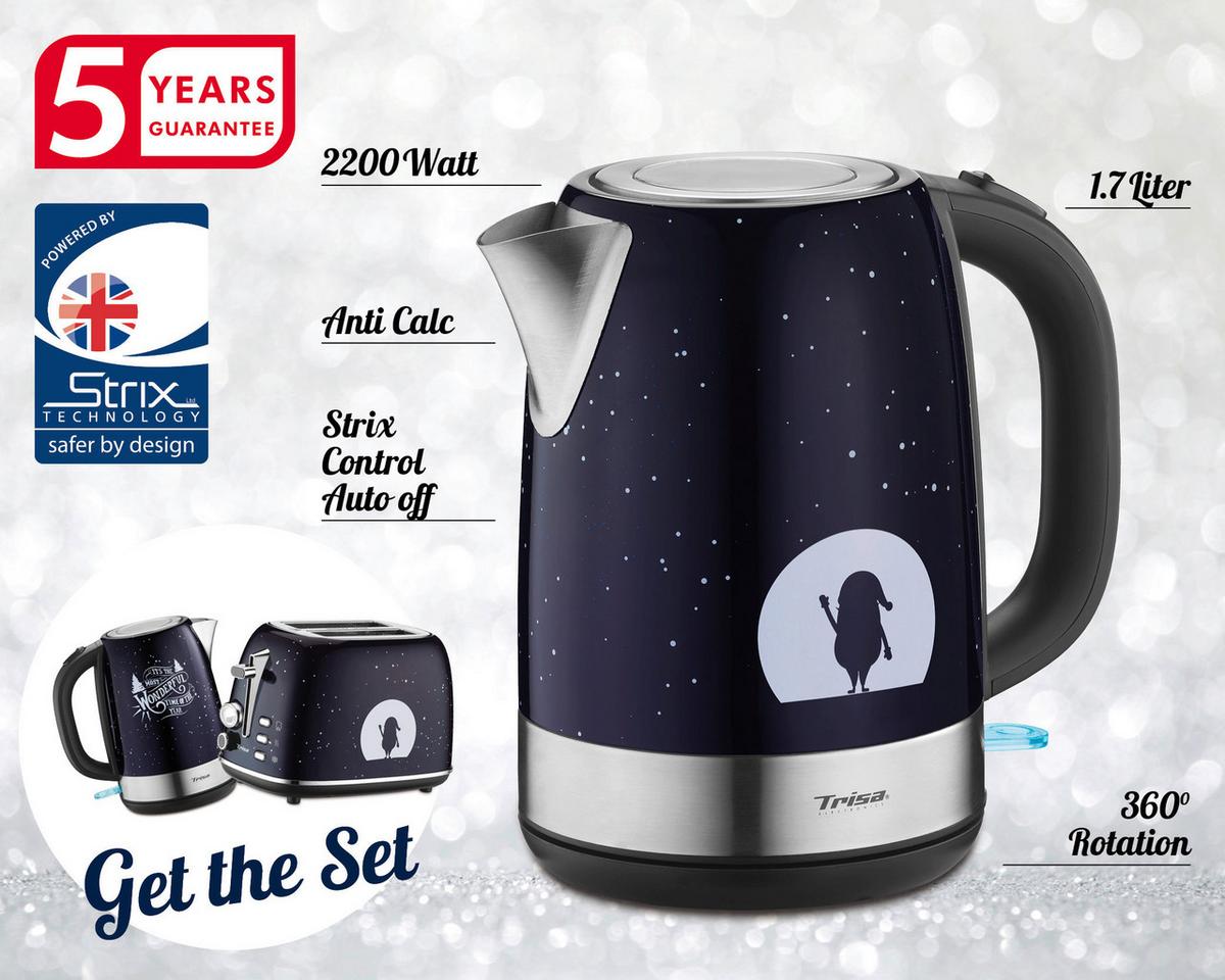 Wasserkocher X-Mas Dunkelblau Edelstahl 1,7l 2200 W - Dunkelblau, KONVENTIONELL, Metall (21,7/15/22cm) - Trisa Electronics