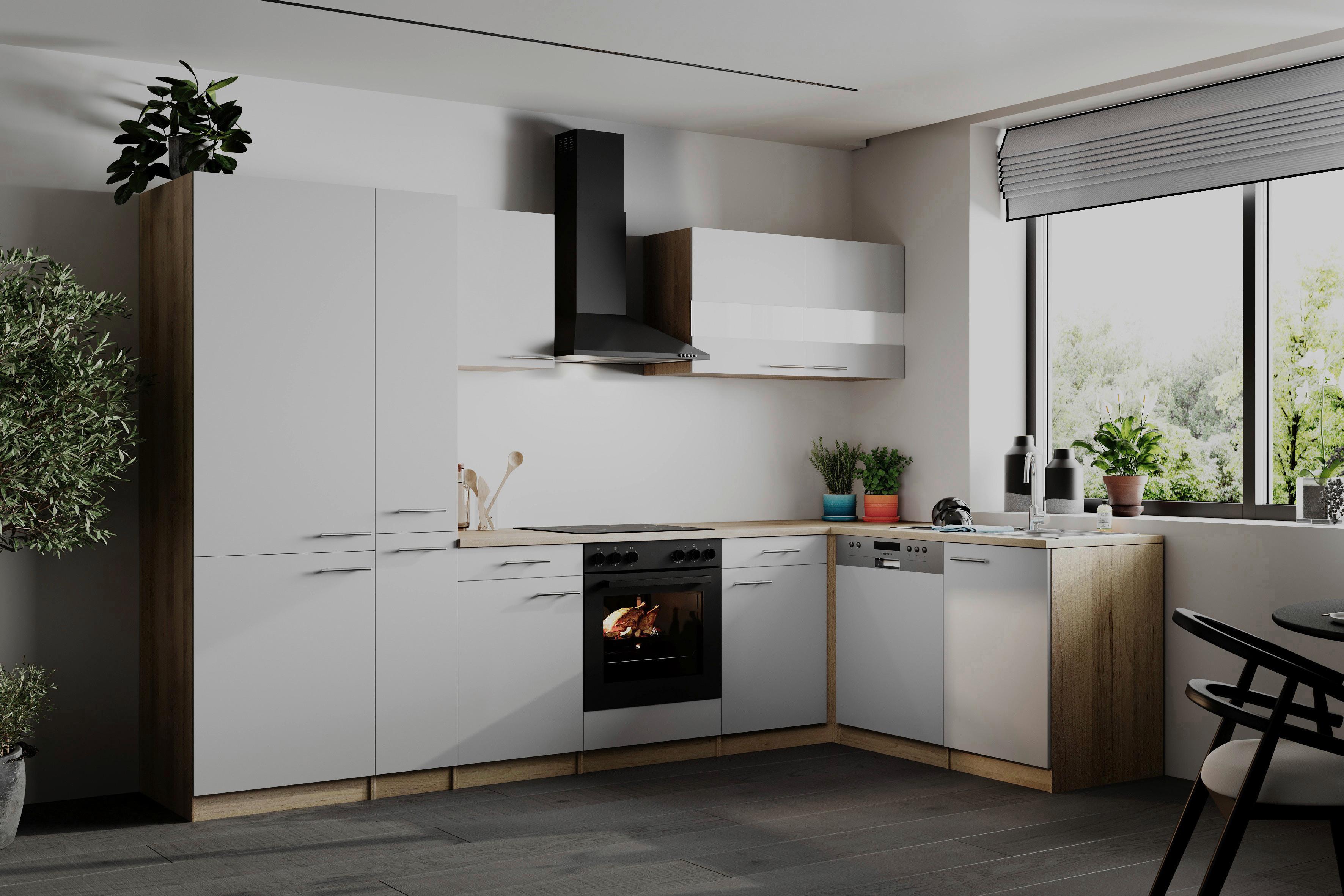 Eckküche Merle Weiß/Eichefarben B: 310cm - Eichefarben/Weiß, Basics, Holzwerkstoff (310/172cm) - Respekta
