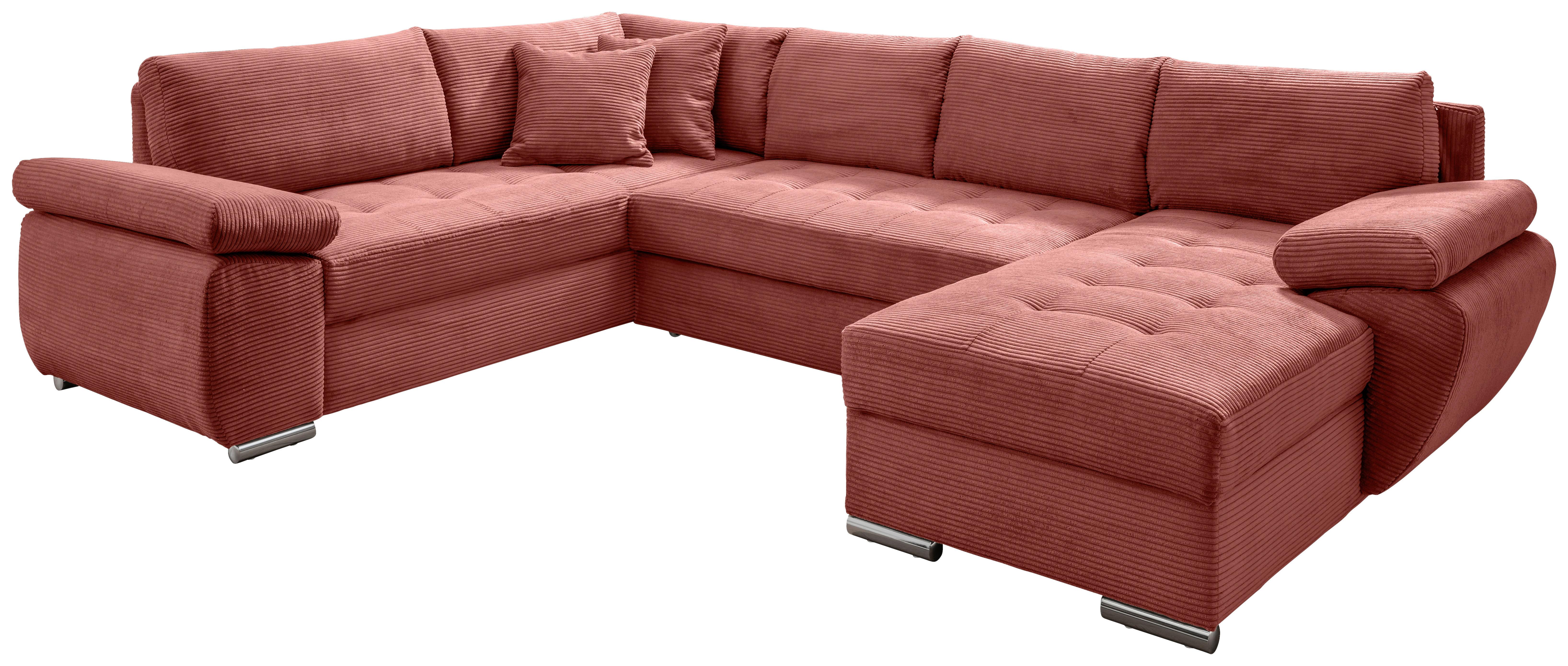 Wohnlandschaft Terana mit Schlaffunktion, Koralle - Chromfarben/Koralle, KONVENTIONELL, Textil (219/305/157cm) - Livetastic