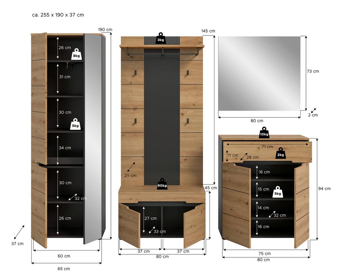 Gasrderobe Canu 5-teilig Eiche Artisan/grau B: 255 Cm - Eiche Artisan, Design, Holzwerkstoff (255/190/37cm) - Livetastic