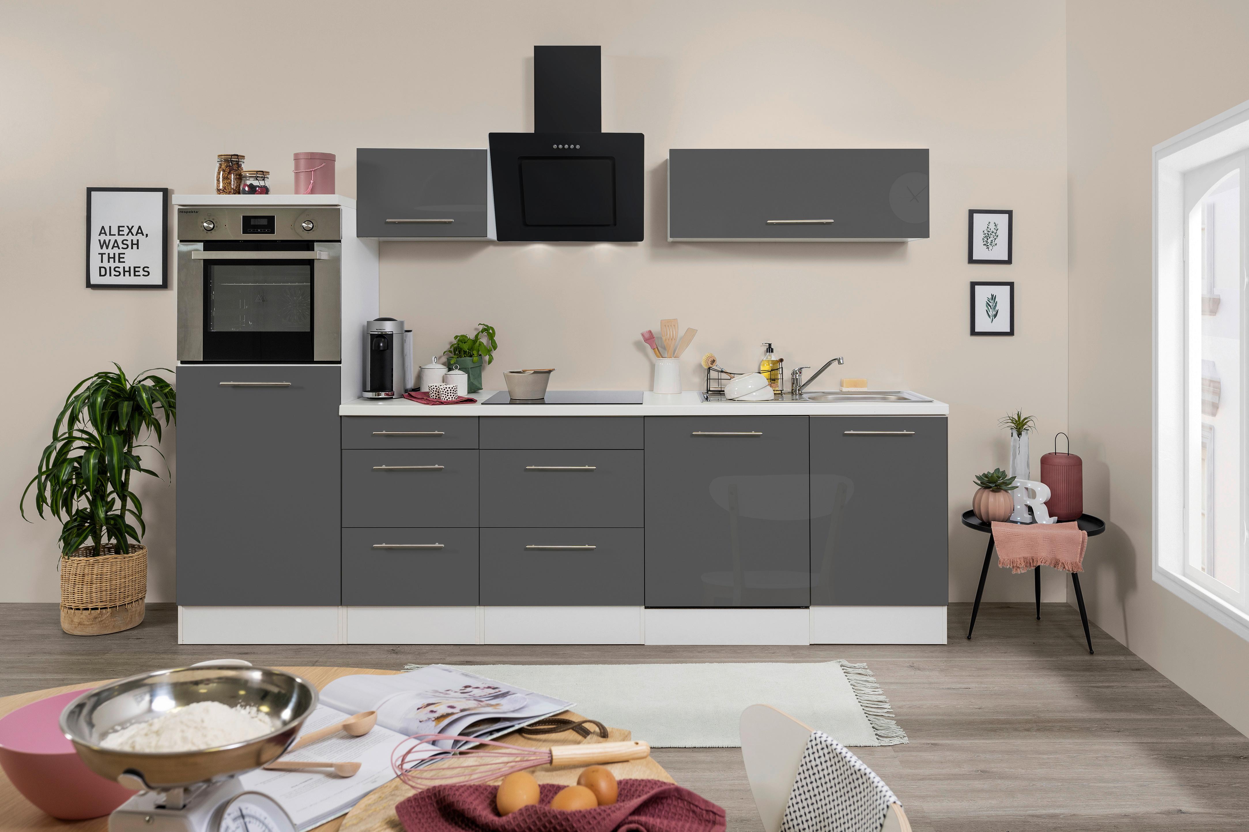 Küchenzeile mit Geräten 280 cm Grau Hochglanz/Weiß