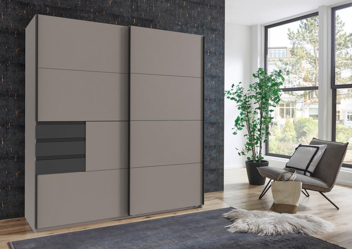 Schwebetürenschrank B: 180 cm Saharagrau/Grafit, O. Spiegel - Graphitfarben/Grau, Trend, Holzwerkstoff (180/198/65cm)