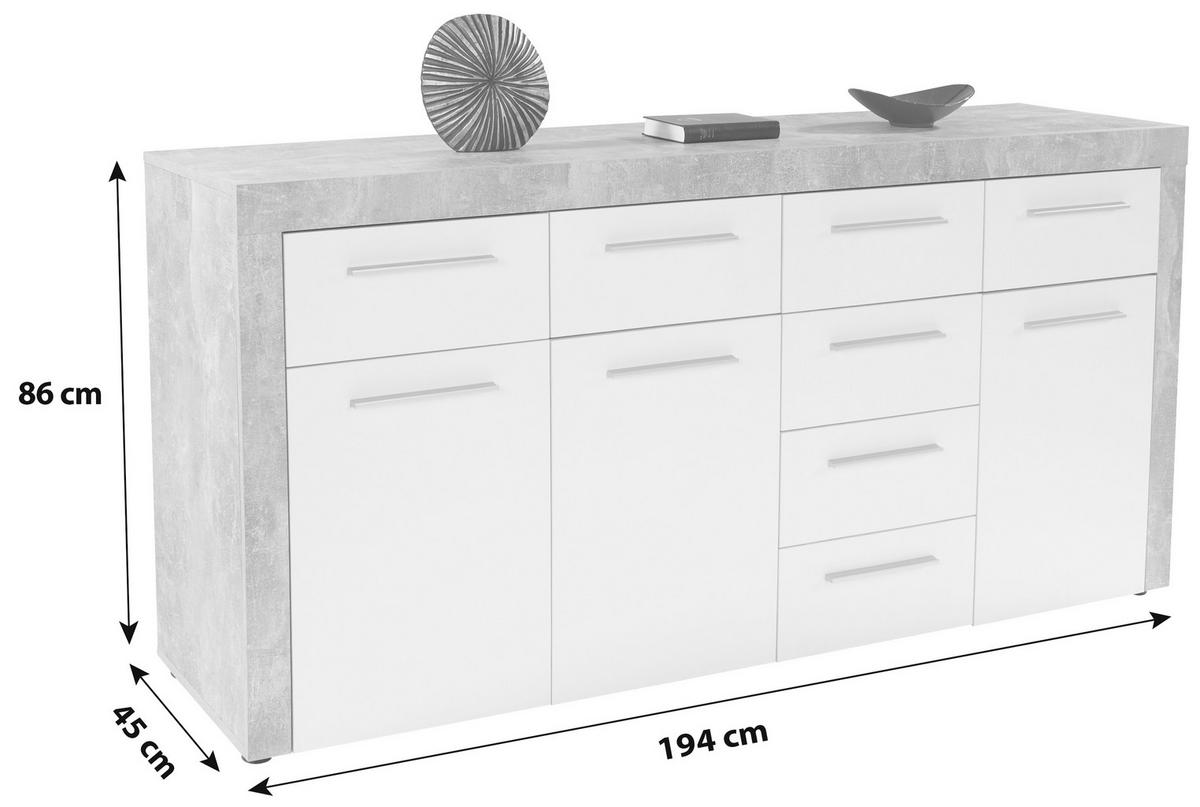 Kommode B 194cm Focus Beton Optik/weiß - Schwarz/Weiß, MODERN, Holzwerkstoff (194/86/45cm)