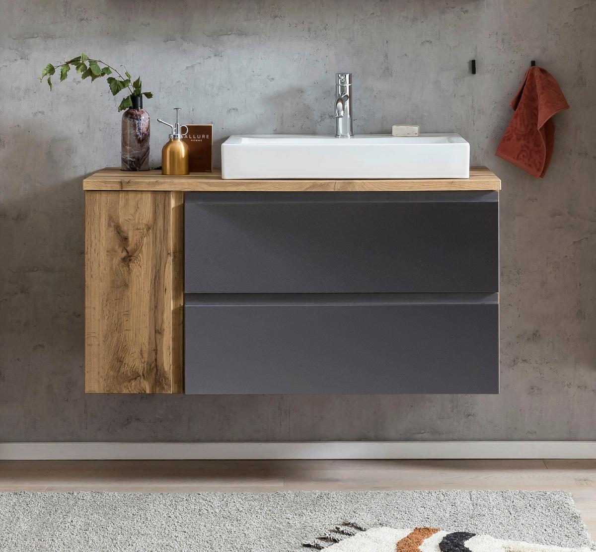 Waschbecken mit Unterschrank Varese B:105 cm Grau/Eiche - Eiche Wotan/Weiß, MODERN, Keramik/Holzwerkstoff (105cm) - Held
