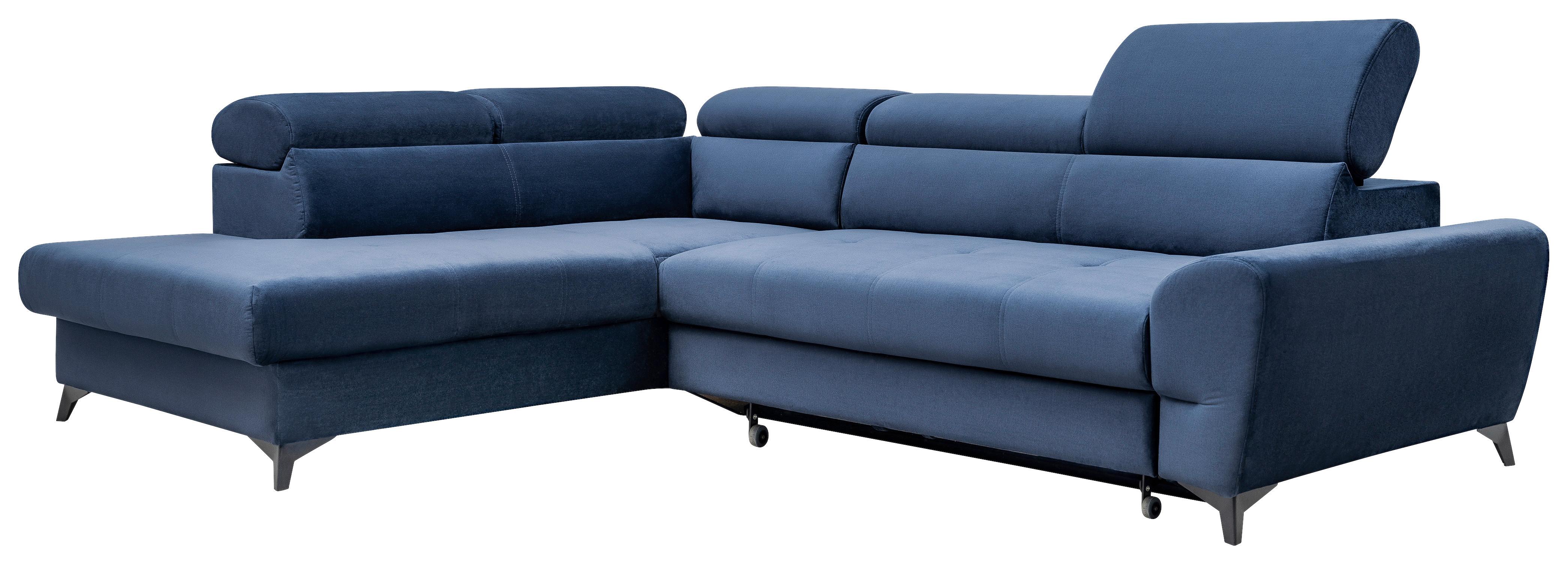 Ecksofa mit Bettkasten Swan + Bettfunktion Blau Velours - Schwarz/Dunkelblau, MODERN, Textil (212/272cm) - MID.YOU
