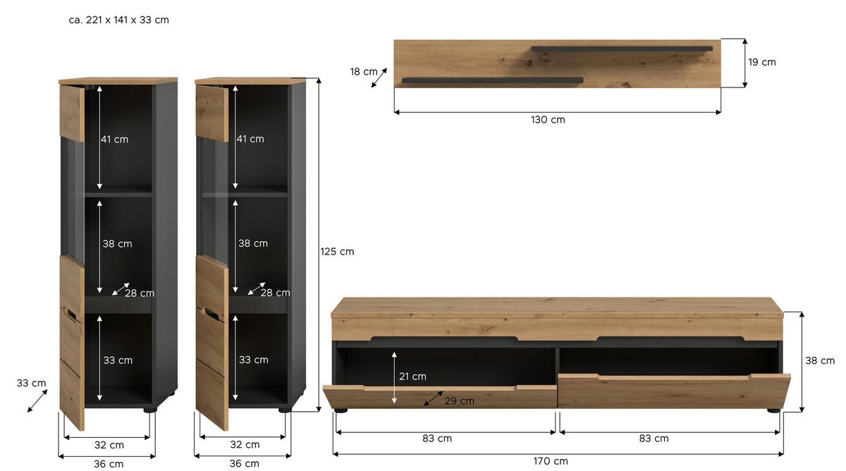 Wohnwand Canu Eiche Artisan Dekor B: 272cm - Schwarz/Eiche Artisan, Design, Holzwerkstoff (272/141/33cm) - Livetastic