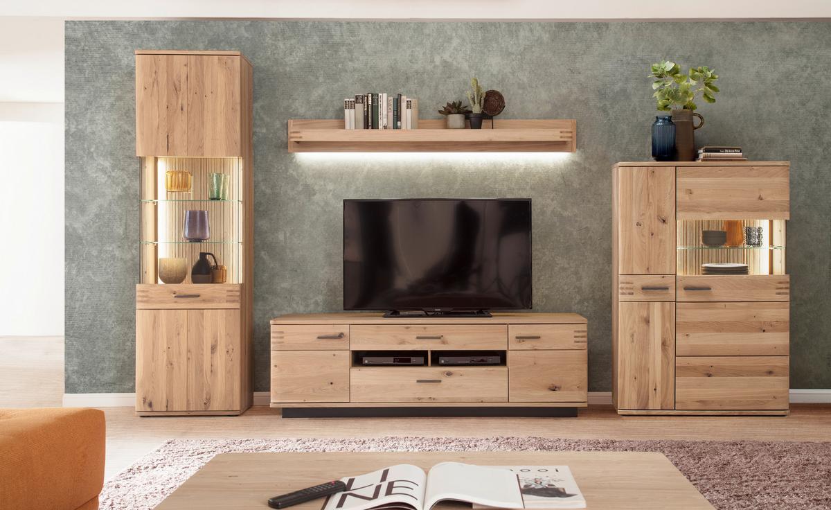 Wohnkombination teilmassiv 4--teilig. Salvador Eichefarben - Eichefarben/Schwarz, Design, Glas/Holz (350/208/50cm) - Livetastic
