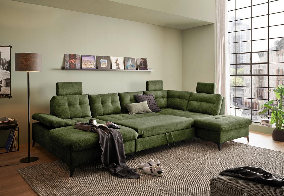 Wohnlandschaft Durban Mit Bettfunktion Olivgrün - Schwarz/Olivgrün, KONVENTIONELL, Textil (170/324/218cm) - MID.YOU