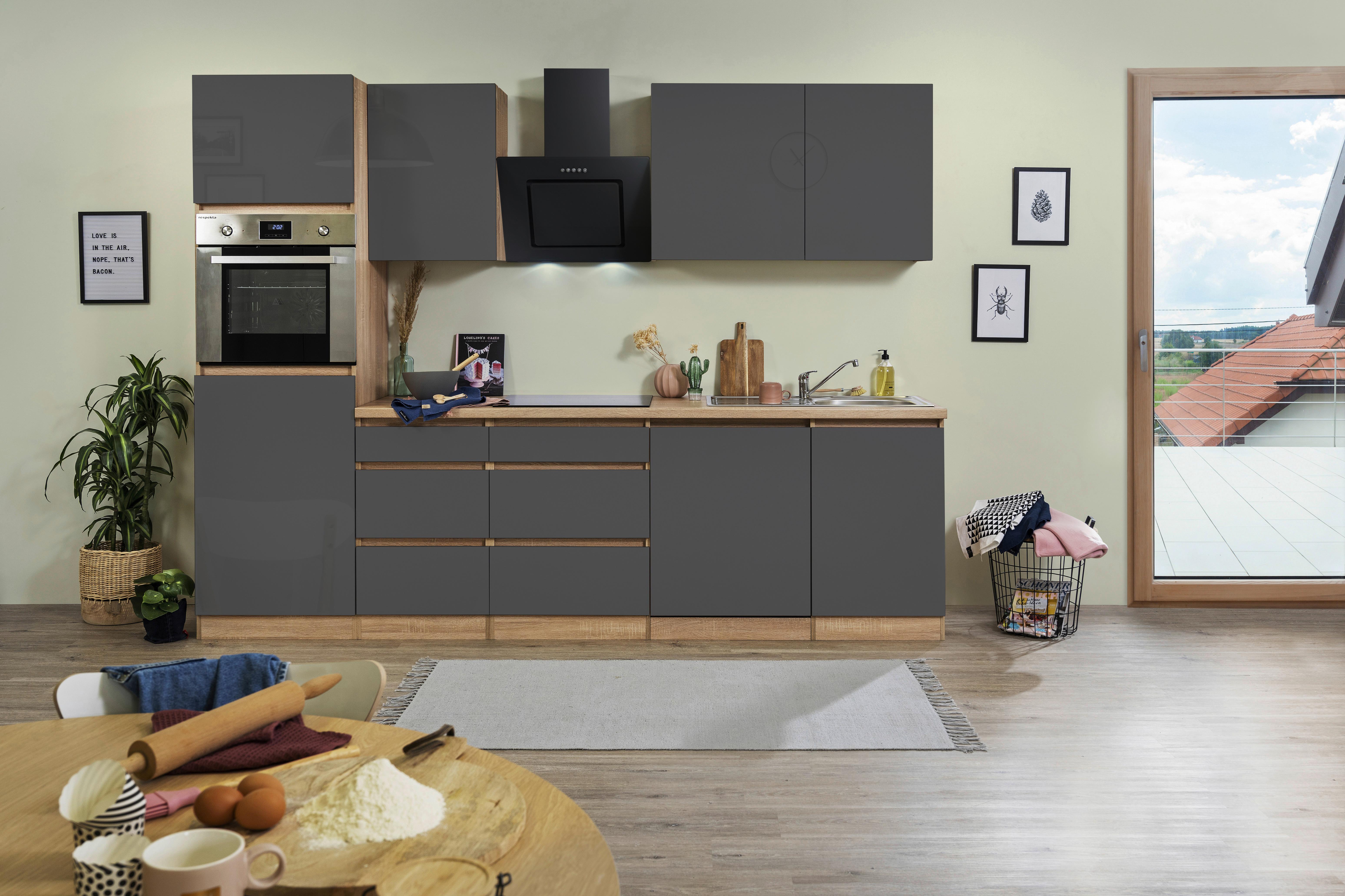 Küchenzeile Premium M. Geräten 280 Cm Grau/eiche Dekor Modern - Eichefarben/Grau, MODERN, Holzwerkstoff (280cm) - Respekta