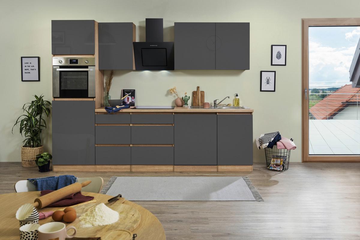 Küchenzeile Premium M. Geräten 280 Cm Grau/eiche Dekor Modern - Eichefarben/Grau, MODERN, Holzwerkstoff (280cm) - Respekta