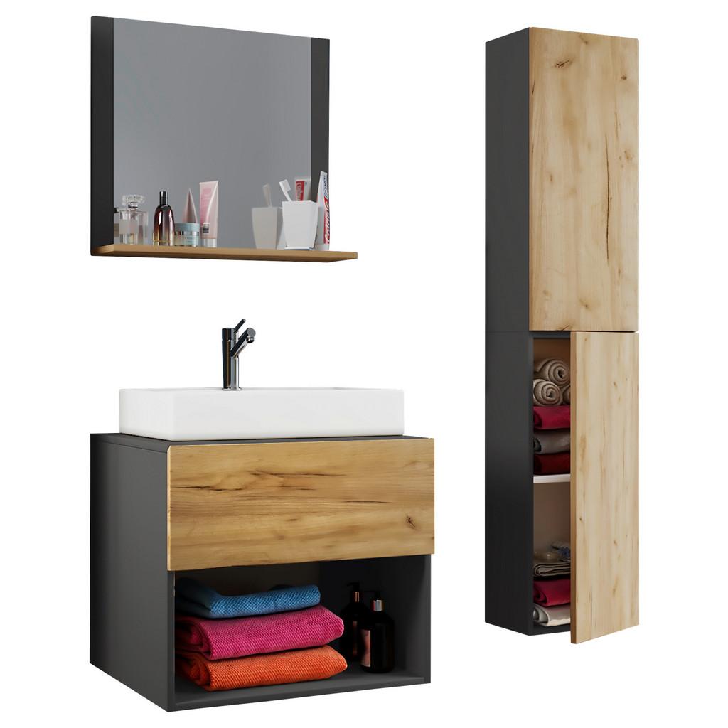 Badmöbel-Set 4--Teilig. Lendas B: 60 cm Anthrazit/Eiche Dekor