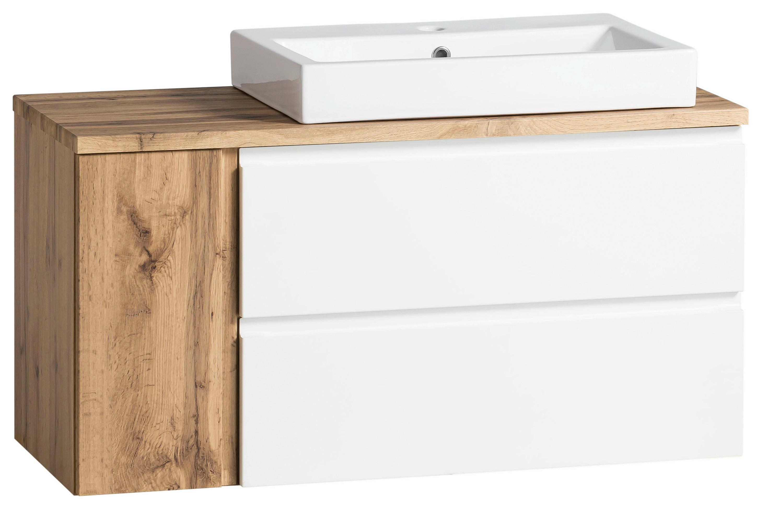 Waschbecken mit Unterschrank Varese B: 150 cm Eiche/Weiß - Eiche Wotan/Weiß, MODERN, Keramik/Holzwerkstoff (105/65,5/47cm) - Held