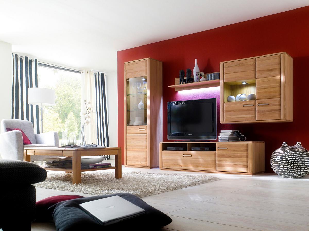 Wohnkombination teilmassiv 4--teilig. Sena Buchefarben - Buchefarben, Design, Glas/Holz (303/209/51cm) - Livetastic