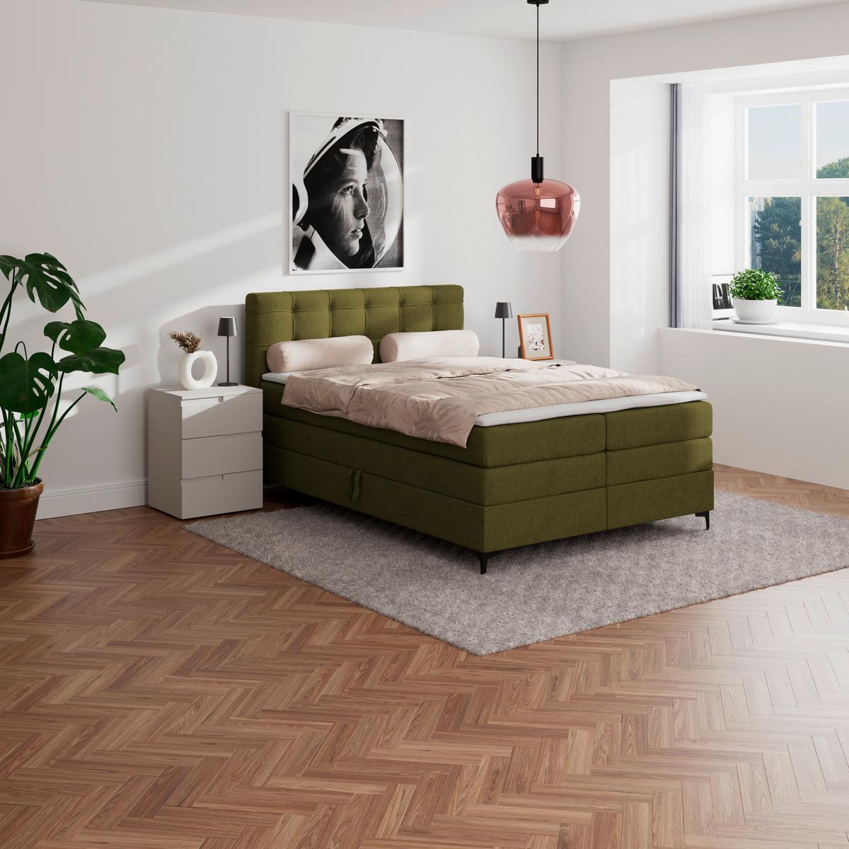 Boxspringbett MITTO Moosgrün 140x200 cm - Schwarz/Grün, KONVENTIONELL, Textil/Metall (140/200cm)